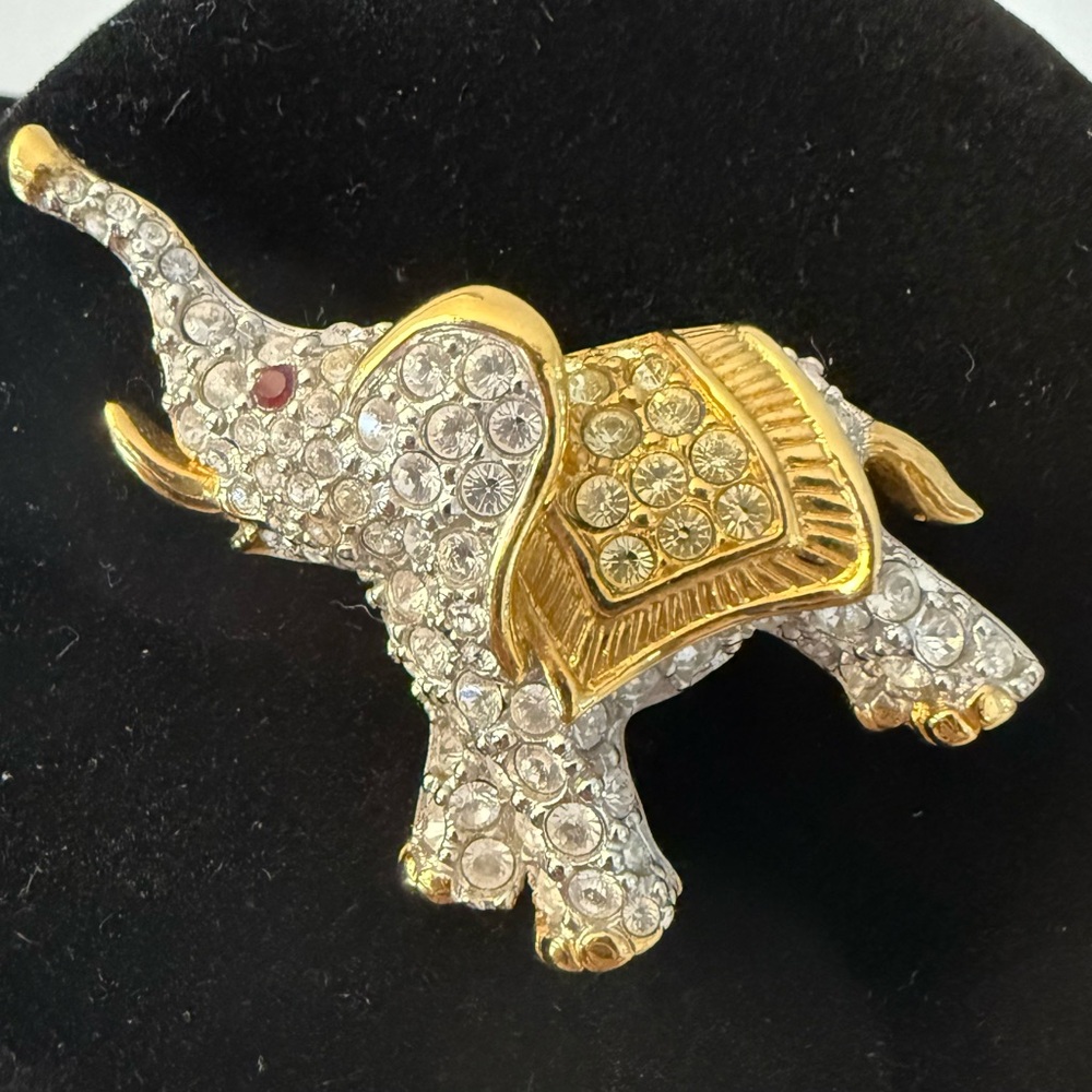 Swarovski Gold and Silver Elephant Brooch with Sparkling Crystals